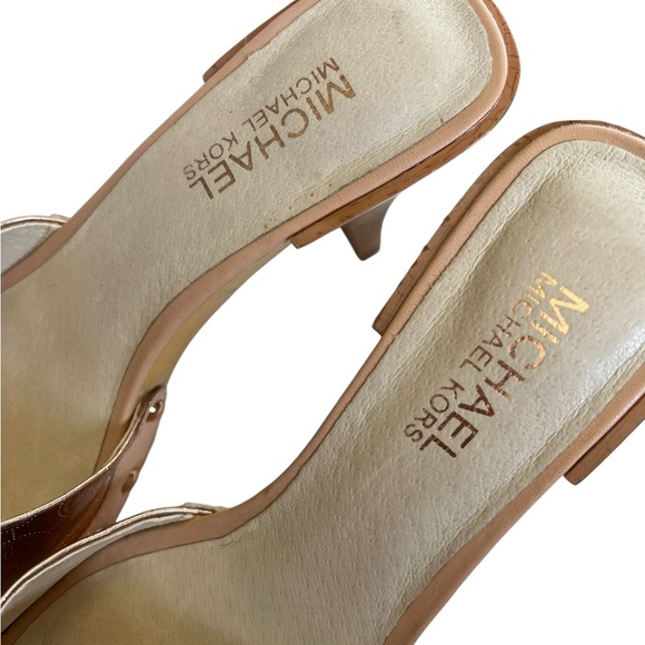 NWOT Michael Kors 8.5 Rose Gold Open Peep Toe Wood High Heel Sandals - Picture 5 of 9